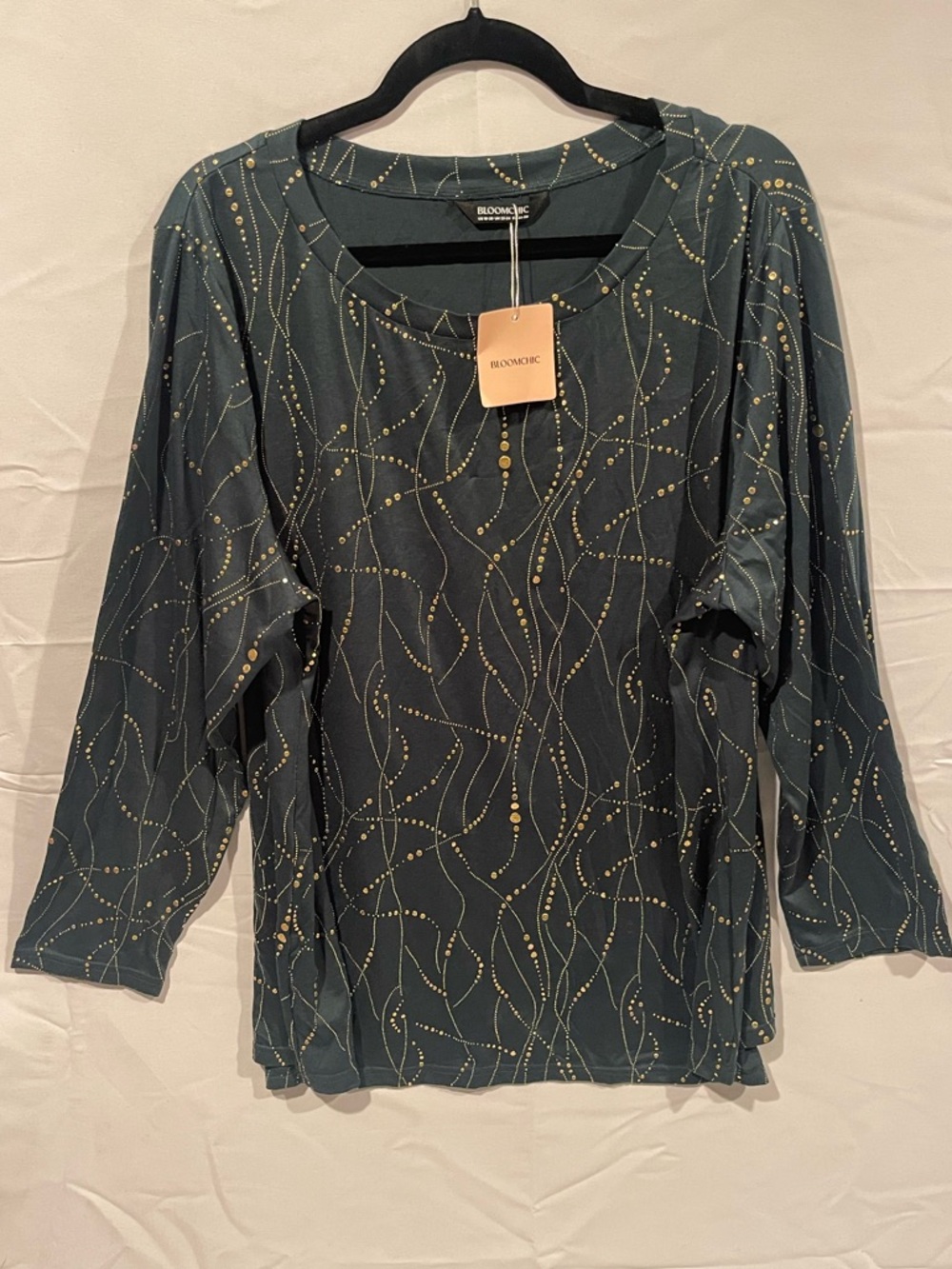 BloomChic Dark Green Long-Sleeve Top with Gold Dots and Swirl Detail